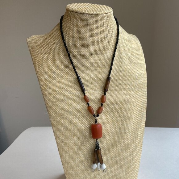 Dangle Necklace Black, Brown, Orange/Red Beads - Picture 1 of 5